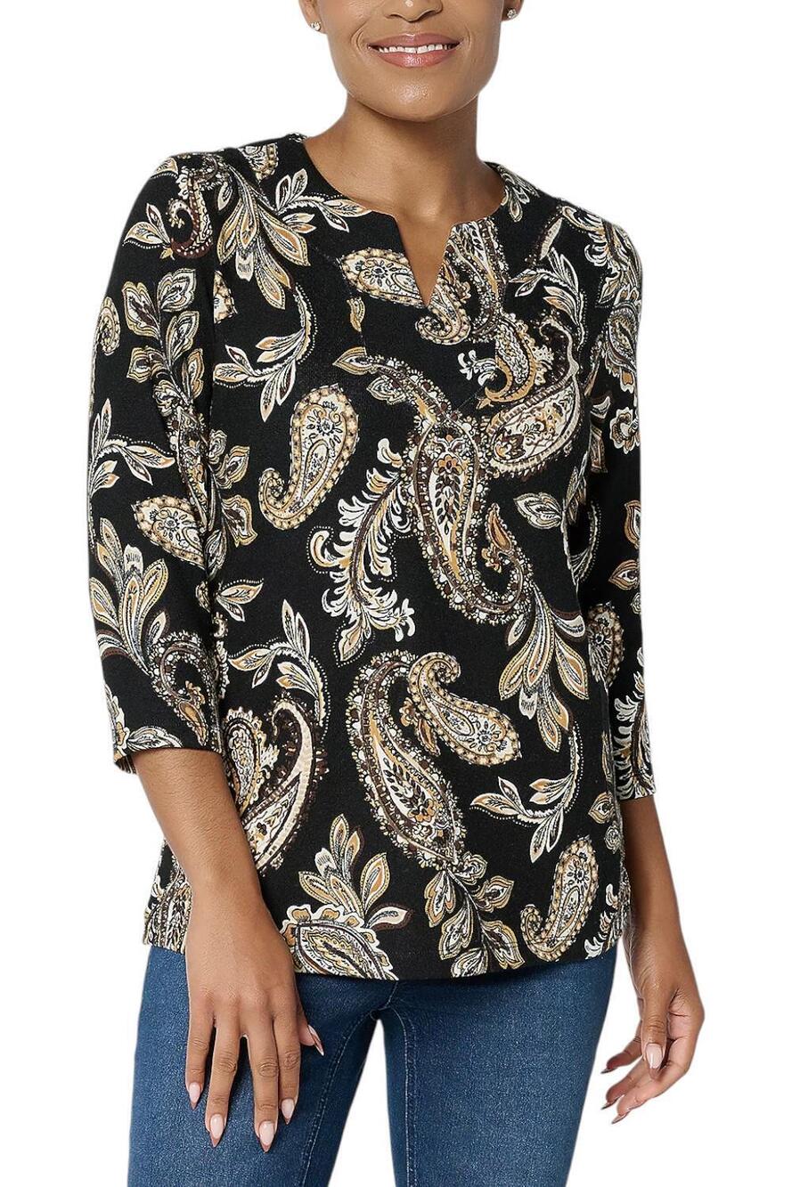 Denim & Co. Women's Printed Jersey Split VNeck 3/4 Slv Top Blk - Regular
